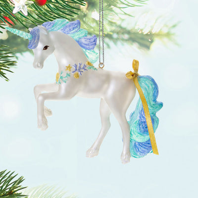 Unicorn Christmas ornament with mermaid mane, seashells, coral details, glittery horn and hooves, beachy holiday decor

