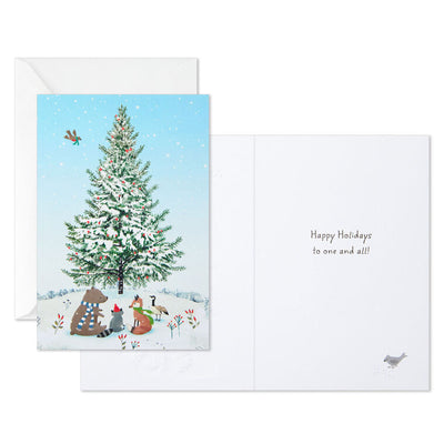 Woodland Critters Around a Snowy Tree Packaged Christmas Cards, Set of 5