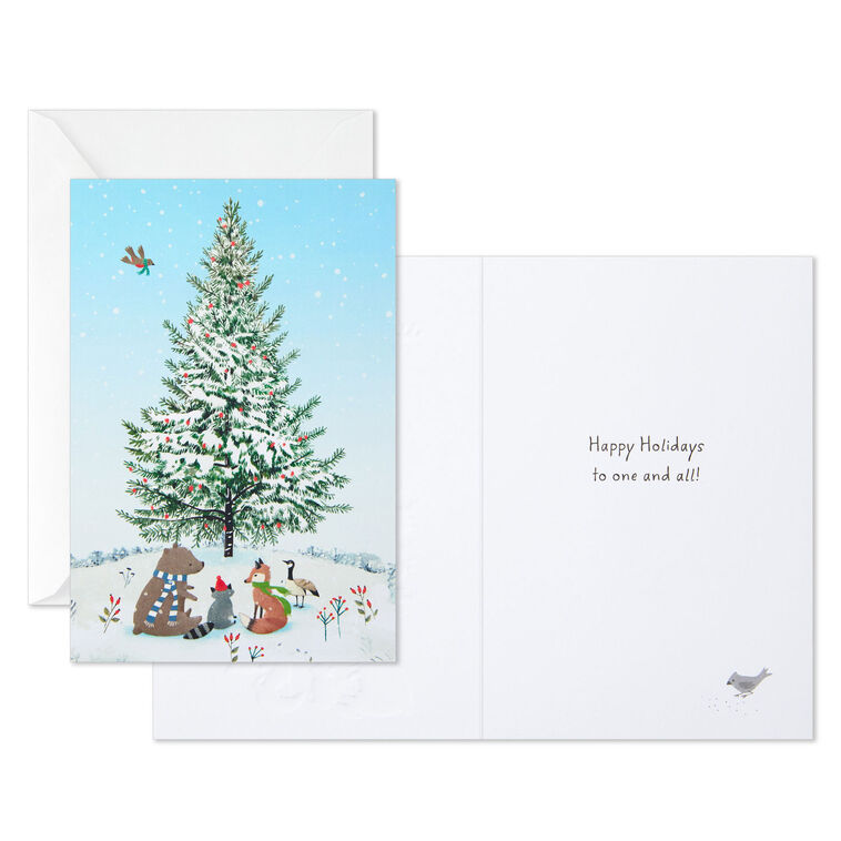 Woodland Critters Around a Snowy Tree Packaged Christmas Cards, Set of 5