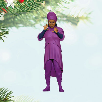 Hallmark Star Trek Guinan ornament—purple-robed bartender figurine from The Next Generation, holding hands up, inspired by Ten Forward
