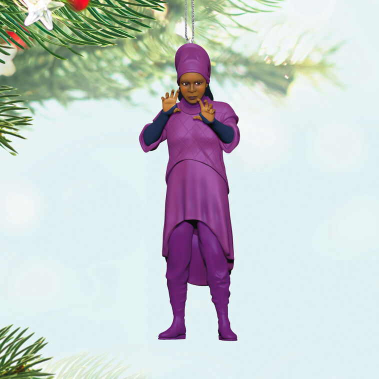 Hallmark Star Trek Guinan ornament—purple-robed bartender figurine from The Next Generation, holding hands up, inspired by Ten Forward
