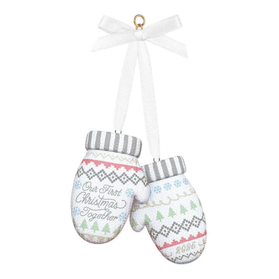 Porcelain Christmas ornament with pair of colorful knit mittens and “Our First Christmas Together 2025” message


