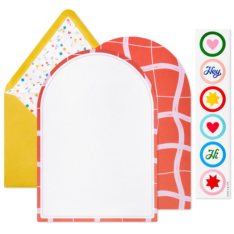 Stationery set with arched sheets in colorful wave and coral prints, yellow envelopes, and heart and star seal stickers.
