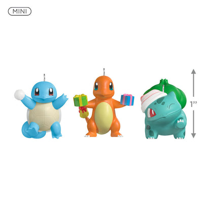 Hallmark Keepsake Mini Pokémon ornaments set—Squirtle, Charmander, Bulbasaur in holiday outfits, with gifts, snowball, and stocking cap, set of three