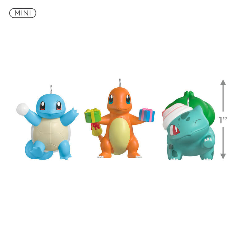 Hallmark Keepsake Mini Pokémon ornaments set—Squirtle, Charmander, Bulbasaur in holiday outfits, with gifts, snowball, and stocking cap, set of three