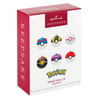 Set of six mini Pokémon Poké Ball ornaments including Poké, Great, Ultra, Master, Premiere, and Luxury Balls, for tabletop tree or display.