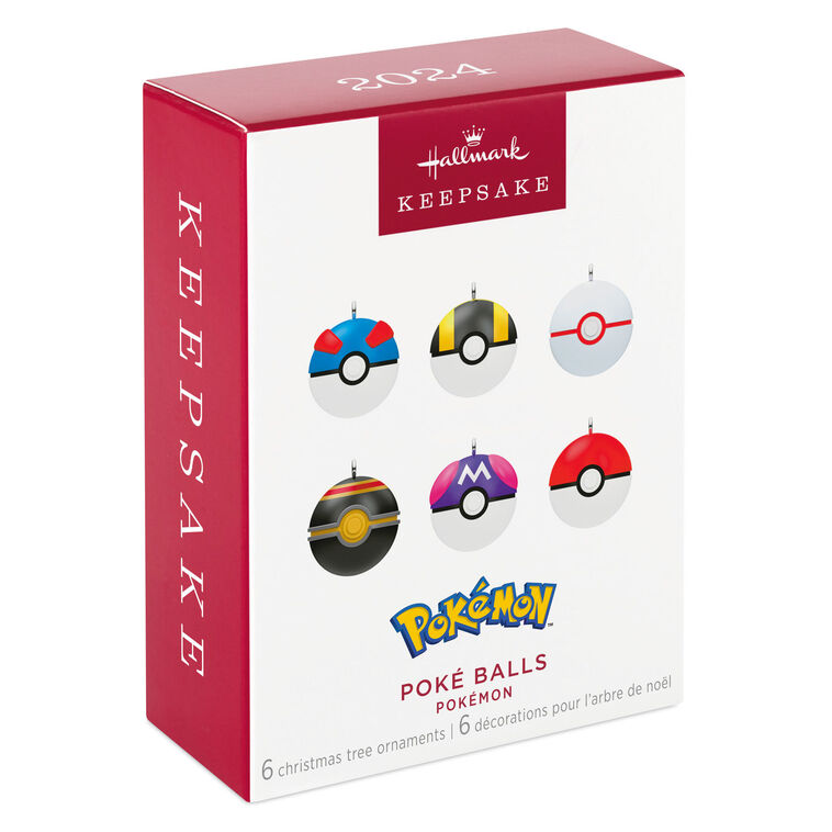 Set of six mini Pokémon Poké Ball ornaments including Poké, Great, Ultra, Master, Premiere, and Luxury Balls, for tabletop tree or display.