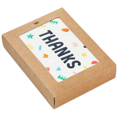 Thank you cards with colorful confetti and bold black lettering on cream background, includes 24 blank cards and envelopes in kraft box