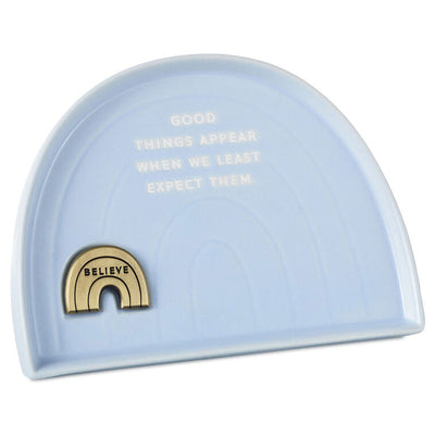 Hallmark rainbow-shaped blue ceramic trinket dish with “Believe” metal token and inspirational quote.