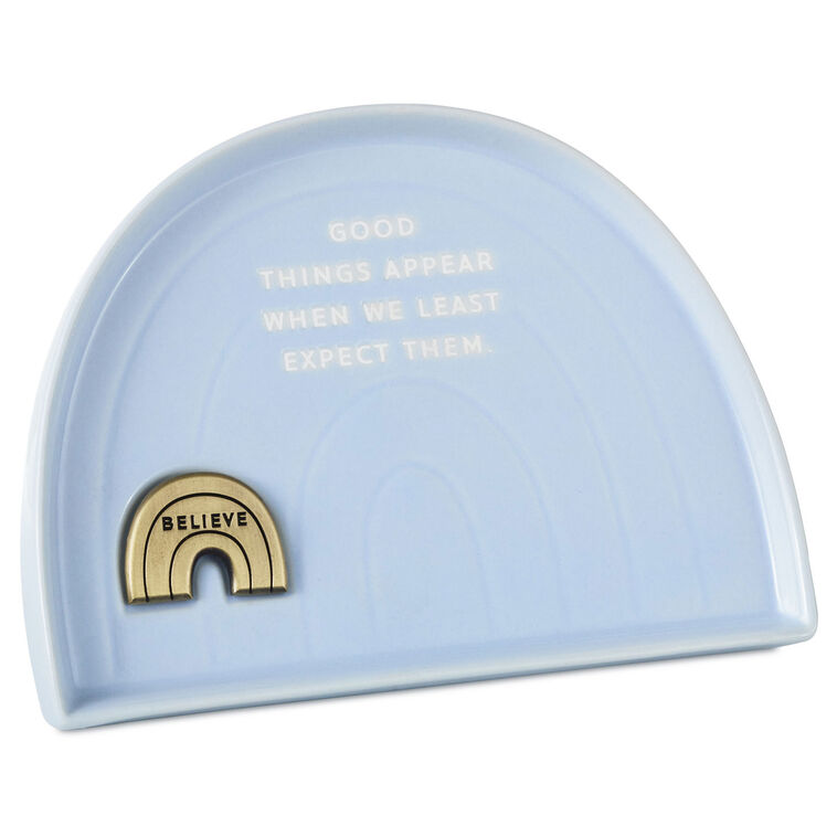Hallmark rainbow-shaped blue ceramic trinket dish with “Believe” metal token and inspirational quote.