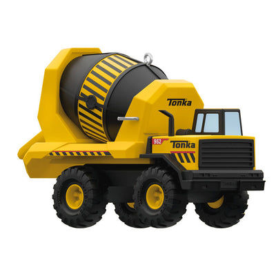 Hallmark Keepsake Hasbro Tonka Mighty Cement Mixer ornament, yellow and black truck with turning drum, inspired by classic construction toy.