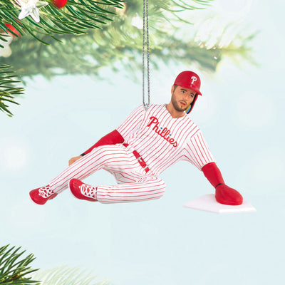 Trea Turner ornament in Phillies #7 uniform, sliding into home plate, red pinstripes, Hallmark MLB baseball Christmas collectible