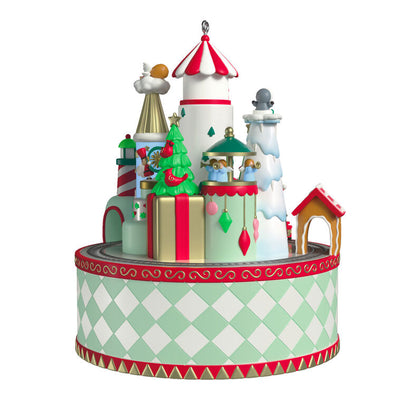Musical Christmas village ornament with Santa, characters, spinning train, lights, and holiday carols, battery operated

