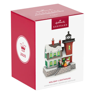 Hallmark Keepsake ornament of a brick lighthouse and home with Santa and polar bear, glowing windows and beacon, Holiday Lighthouse 2025