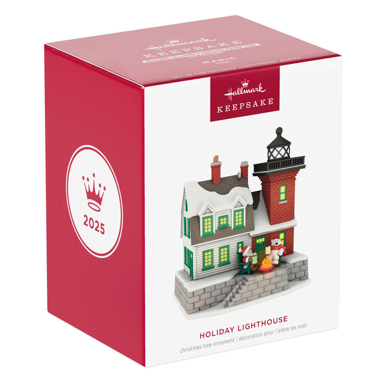 Hallmark Keepsake ornament of a brick lighthouse and home with Santa and polar bear, glowing windows and beacon, Holiday Lighthouse 2025