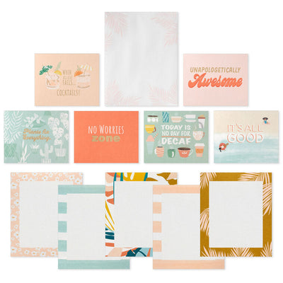 Tropical memo cube set with palm tree and stripe artwork, note pad, displayable prints, and pastel note cards.
