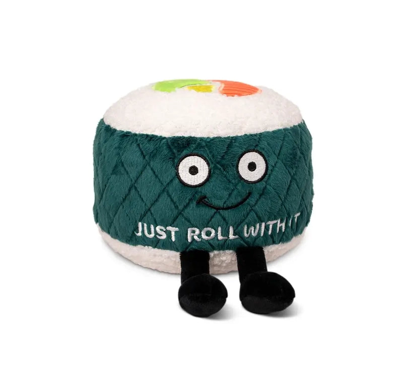 Sushi roll plush with embroidered “Just Roll With It” quote. Round plush with dangling legs and a cheerful expression.