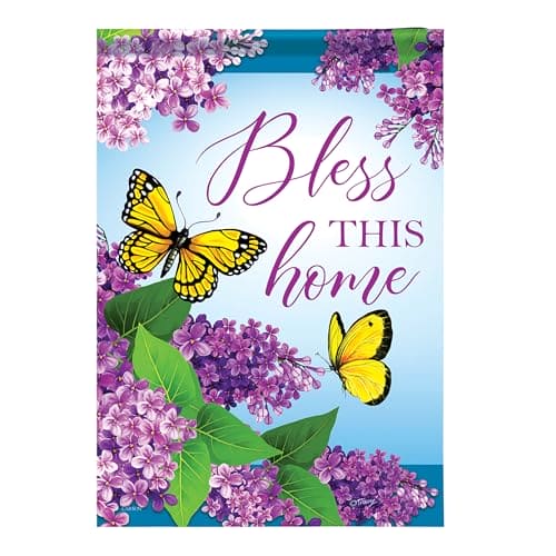 Bless This Home garden flag with yellow butterflies and lilac blossoms on double-sided polyester fabric, 12.5