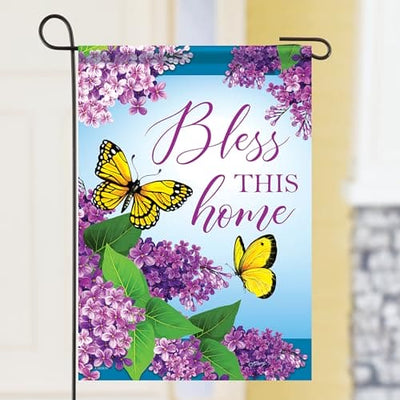 Bless This Home garden flag with yellow butterflies and lilac blossoms on double-sided polyester fabric, 12.5