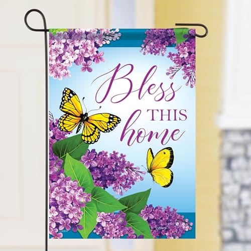 Bless This Home garden flag with yellow butterflies and lilac blossoms on double-sided polyester fabric, 12.5