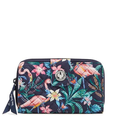 RFID Turnlock Wallet in Flamingo Garden print made from machine washable recycled cotton with multiple compartments