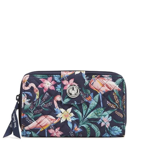 RFID Turnlock Wallet in Flamingo Garden print made from machine washable recycled cotton with multiple compartments