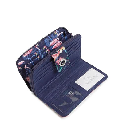 RFID Turnlock Wallet in Flamingo Garden print made from machine washable recycled cotton with multiple compartments