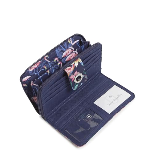 RFID Turnlock Wallet in Flamingo Garden print made from machine washable recycled cotton with multiple compartments
