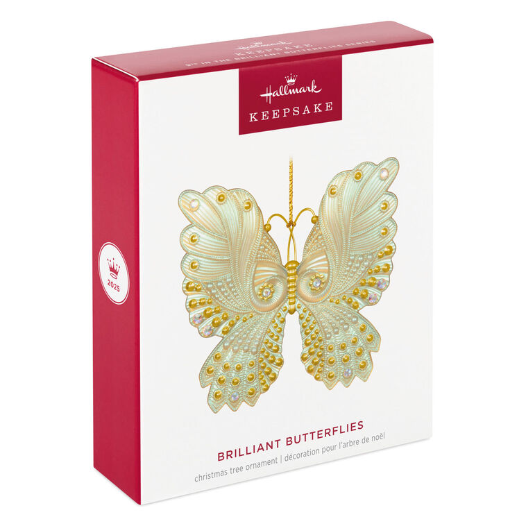 Brilliant Butterflies Christmas tree ornament with gold and pearlescent design, gem accents, and iridescent scalloped wings