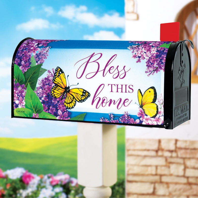 Bless This Home mailbox cover with butterflies and lilacs on a double-sided nylon design, fits standard metal mailboxes, 20 x 17.75 inches.