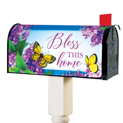 Bless This Home mailbox cover with butterflies and lilacs on a double-sided nylon design, fits standard metal mailboxes, 20 x 17.75 inches.