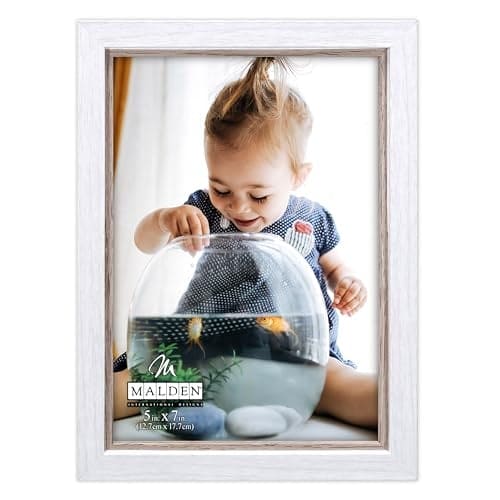Malden 5x7 photo frame with two-tone white and taupe design, rustic wood-grain texture, for tabletop or wall display.

