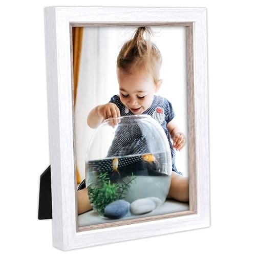 Malden 5x7 photo frame with two-tone white and taupe design, rustic wood-grain texture, for tabletop or wall display.

