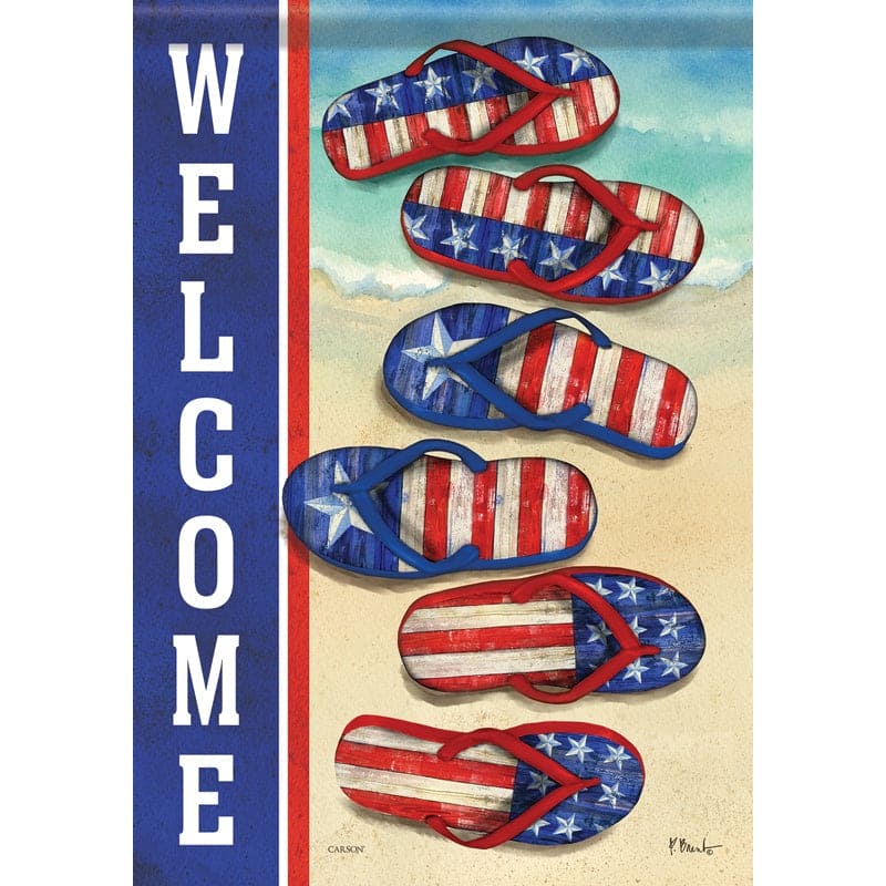 Carson Freedom Flip Flops garden flag with patriotic flip-flop design on soft, weather-resistant Dura Soft fabric, double-sided for outdoor display.