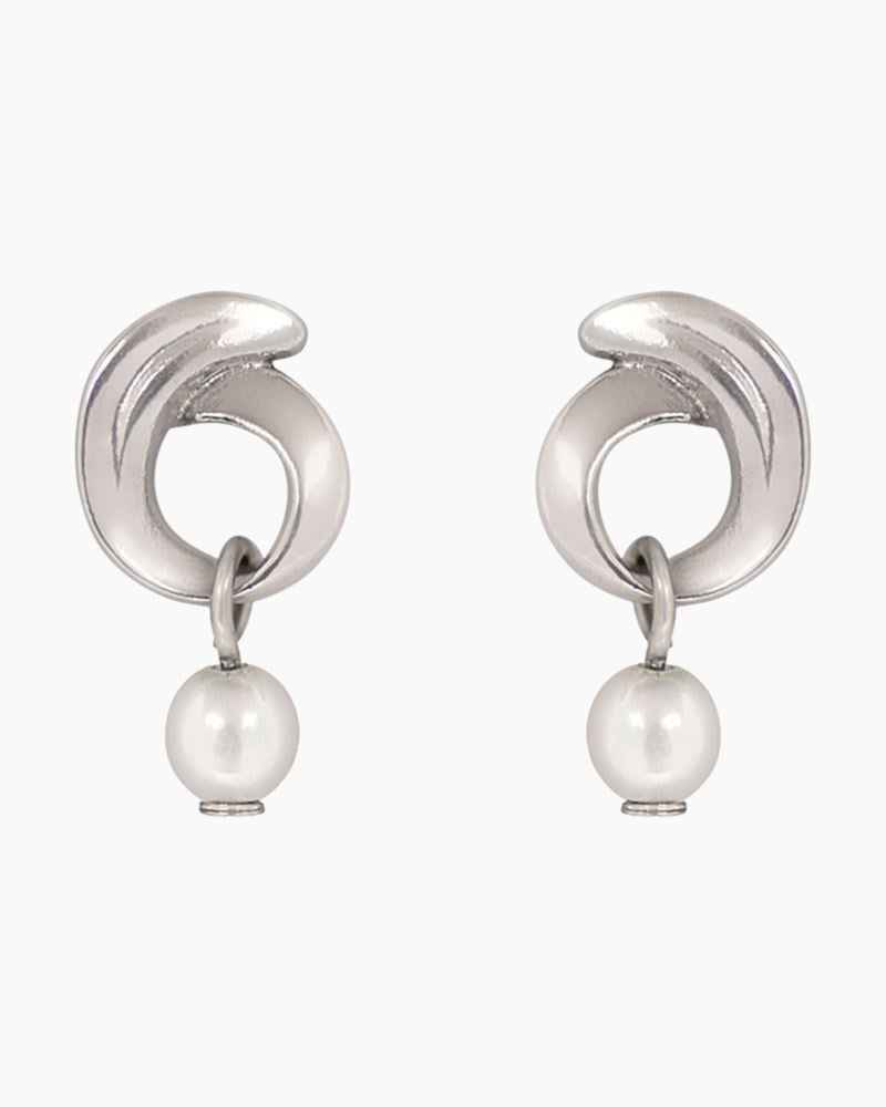 Silver drop earrings with a curled hoop design and dangling pearl accents, handcrafted in the USA.