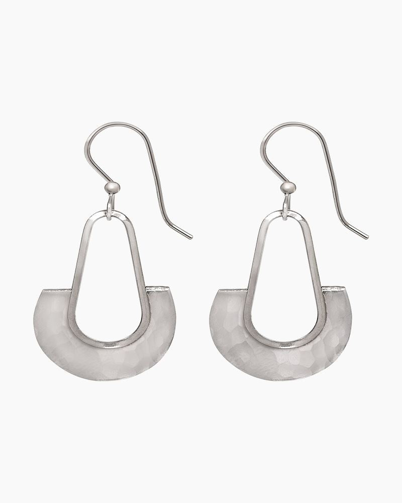 Silver drop earrings with rounded-edge teardrop design and sterling silver earposts, handcrafted in the USA.

