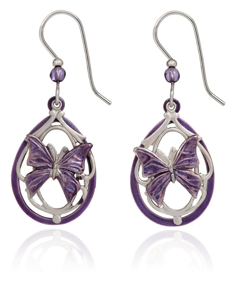 Silver-Tone Purple Butterfly Drop Earrings