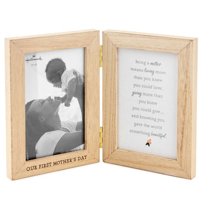 Light wood two-sided photo frame for a first Mother's Day, holds two 4x6 vertical photos with etched caption and sentiment.

