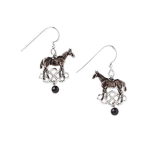 Silver-tone horse dangle earrings with textured design and surgical steel earwires.

