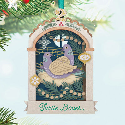 Hallmark Keepsake Twelve Days of Christmas Papercraft ornament—laser-cut wood frame with intricate two turtle doves papercraft scene and song verse
