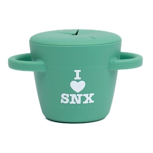 I Love SNX Happy Snacker silicone snack cup with snap-tight lid and easy-grip handles, designed for self-feeding.