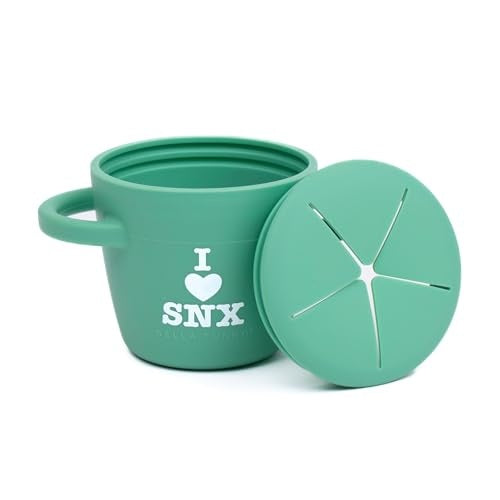 I Love SNX Happy Snacker silicone snack cup with snap-tight lid and easy-grip handles, designed for self-feeding.