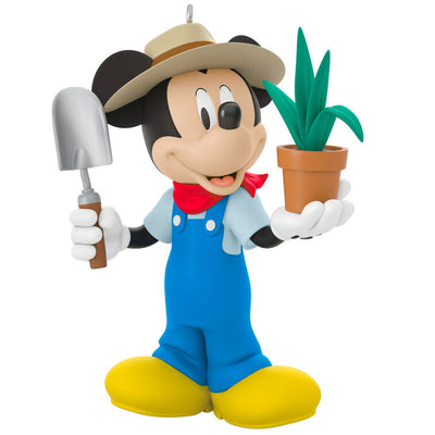 Hallmark Keepsake ornament of Mickey Mouse in overalls and sun hat, holding a potted plant and garden trowel, Disney All About Mickey series