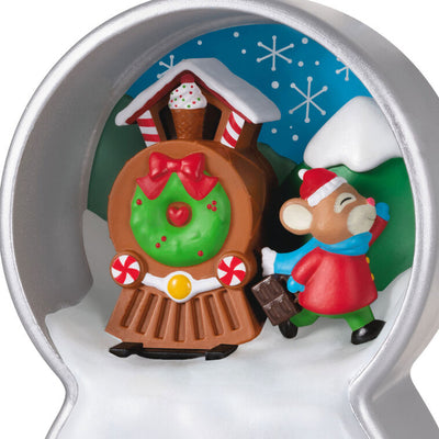 Hallmark Keepsake Cookie Cutter Christmas ornament—silver cookie cutter snow globe with mouse on gingerbread train, frosting and candy details
