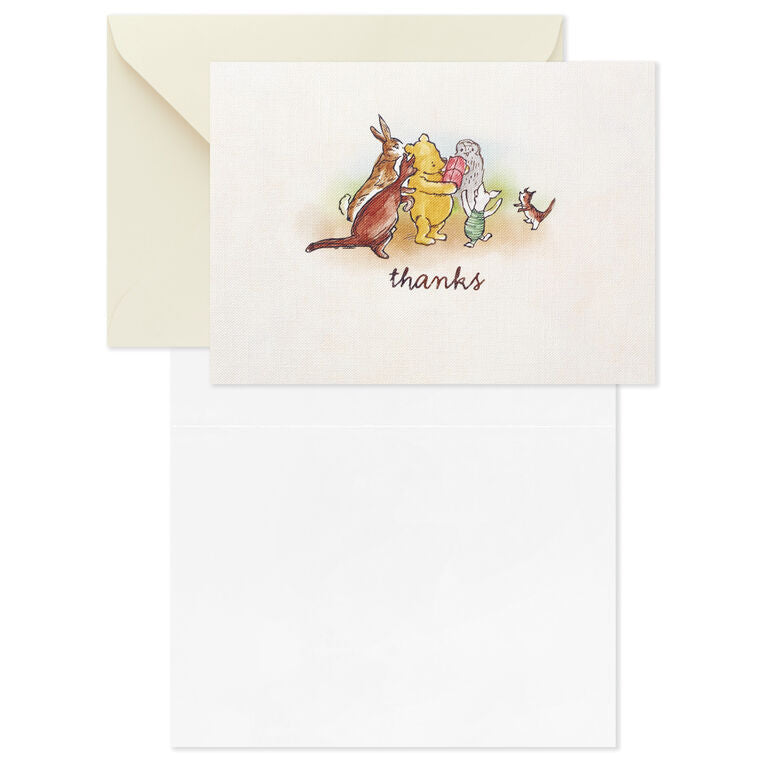 Blank thank-you notes featuring Winnie the Pooh and friends illustration, includes envelopes, linen-textured.