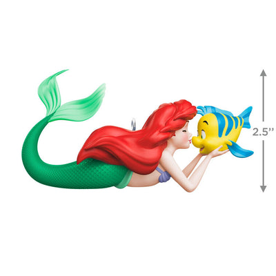 Ariel ornament from The Little Mermaid holding Flounder and giving him a kiss, with her green tail curled beside her