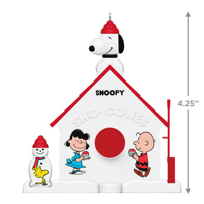 Mini Snoopy Sno-Cone Machine ornament with Snoopy, Charlie Brown, and Lucy, 75th anniversary Hallmark Peanuts Christmas collectible