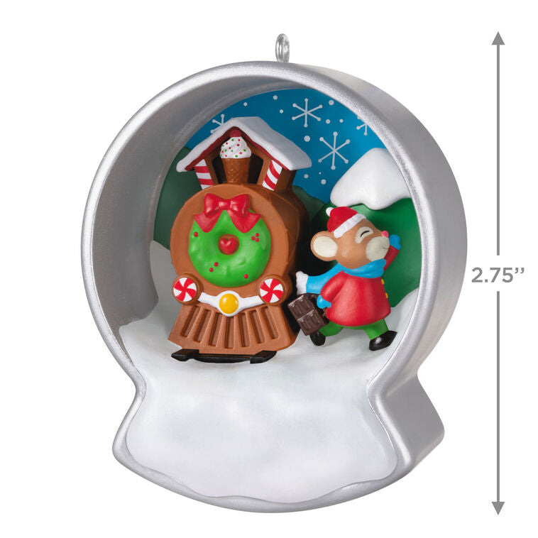 Hallmark Keepsake Cookie Cutter Christmas ornament—silver cookie cutter snow globe with mouse on gingerbread train, frosting and candy details