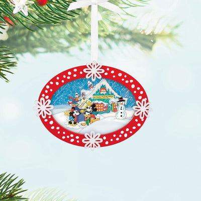 Hallmark Keepsake Disney Mickey and Friends Sending Season’s Greetings Papercraft ornament, Mickey, Minnie, Donald, Pluto, mailbox, holiday scene.