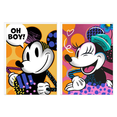 Disney Mickey Mouse and Minnie Mouse blank notes set with black and white pop art, colorful accents, and polka dot backgrounds, pack of 12